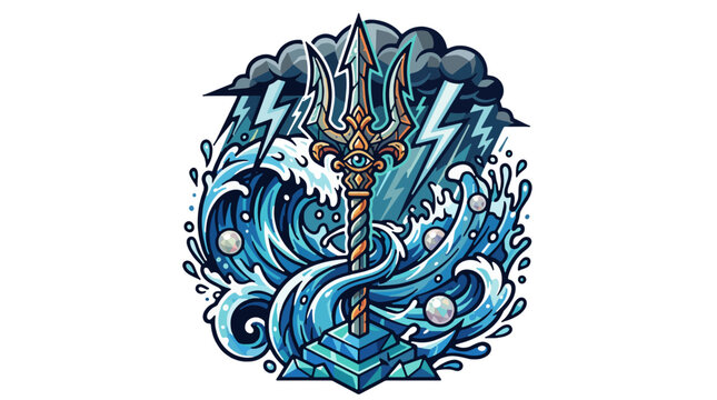 Ancient trident surrounded by crashing ocean waves, lightning bolts, water splashes and floating pearls, bold streetwear vector illustration, graffiti-inspired graphic, mascot logo style, geometric co