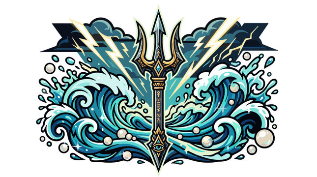 Ancient trident surrounded by crashing ocean waves, lightning bolts, water splashes and floating pearls, bold streetwear vector illustration, graffiti-inspired graphic, mascot logo style, geometric co