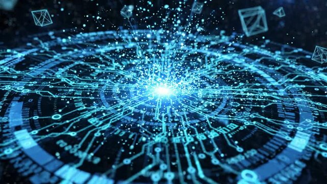 Digital circuit board hud interface with glowing data particles and cybernetic network connections for futuristic technology background