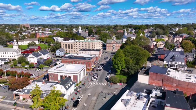 Historic commercial buildings aerial view on Washington Square in historic downtown Newport, Rhode Island RI, USA. 