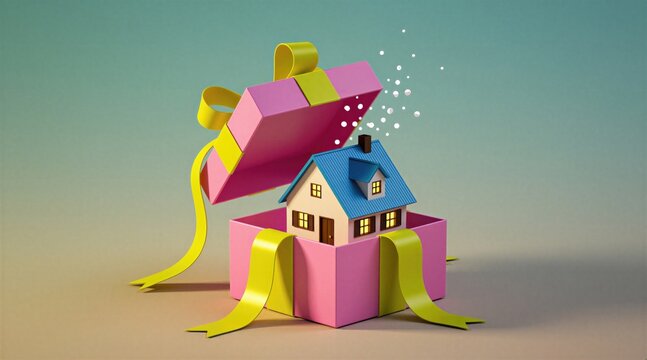 Miniature house presented in open pink gift box with yellow ribbon. Concept of home as a surprise present or new beginning. Ideal for real estate or celebration themes.