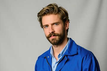 Obraz premium Blond man with blue eyes and mustache wears blue zip jacket. Confident guy with stylish hair looks at camera. Male model poses in studio for portrait photo shoot with plain background.