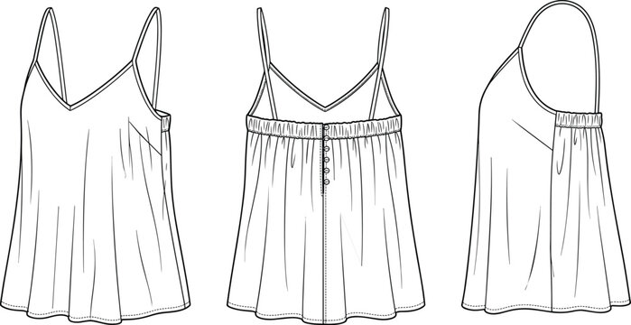 Women Camisole Top Fashion Flat Sketch Template with Front Back and Side View