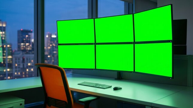 Modern office workstation with six green screen monitors overlooking city skyline chroma key
