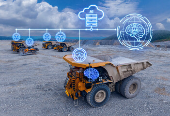 Open pit mining dump truck with ai cloud network and neural brain overlay for autonomous operations control and predictive maintenance banner