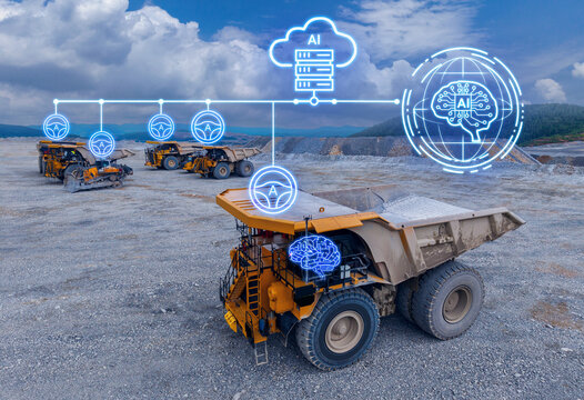 Open pit mining dump truck with ai cloud network and neural brain overlay for autonomous operations control and predictive maintenance banner