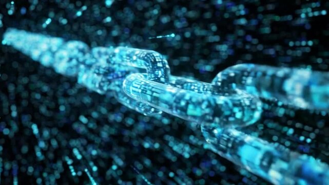 Digital blockchain technology concept: glowing blue connected data links moving through cyberspace network for fintech and cyber security background