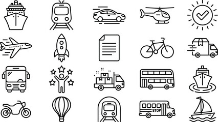 Fototapeta premium Global Travel Logistics and Commercial Freight Transportation Line Icon Set with Passenger Vehicles Delivery Trucks and Aircraft Vector