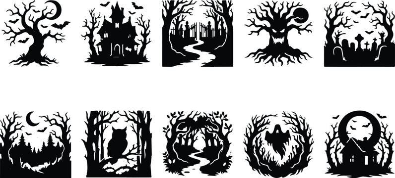 Haunting black and white forest and ghost illustrations