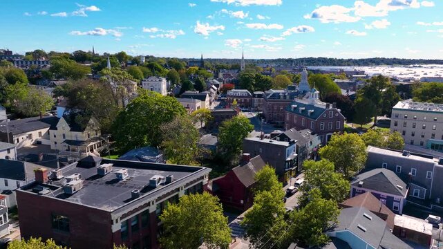 Historic commercial buildings aerial view on Washington Square in historic downtown Newport, Rhode Island RI, USA. 