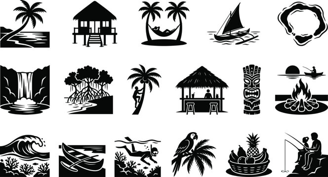 Tropical island vacation icons set featuring palm trees beach huts tiki bar and ocean activities vector