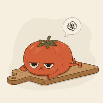 Cute grumpy tomato character. Vector illustration of tomato lying on cutting board