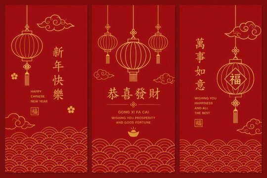 Traditional Chinese New Year vertical banner template set with red and gold lanterns, clouds and oriental wave patterns.