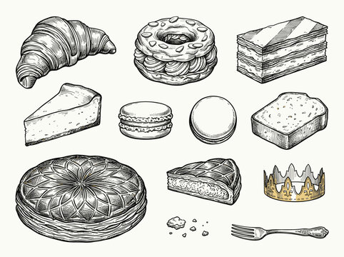 Hand drawn black ink sketch of French pastry set, croissant, millefeuille, king cake, macaroon, white background
