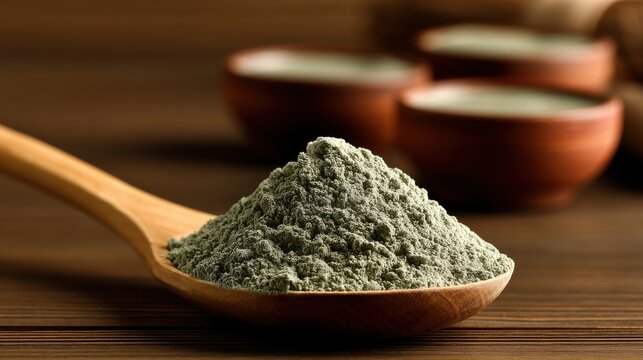Wooden spoon filled with cosmetic clay powder