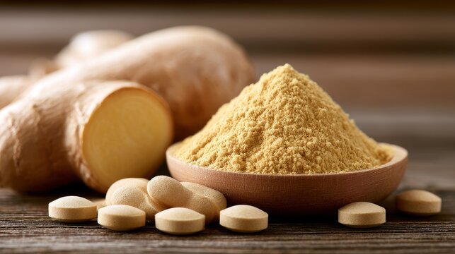 Ginger root, ginger powder in a wooden bowl, and ginger tablets on a rustic wooden background