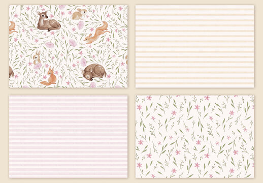 Woodland deer floral seamless patterns, watercolor nursery digital paper pack, editable pastel forest backgrounds with fawn flowers botanical striped printable scrapbook designs