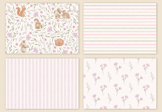 Woodland baby animal seamless patterns, watercolor nursery digital paper pack, editable pastel floral background designs for baby shower scrapbook fabric wrapping paper