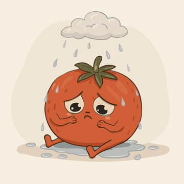 Sad crying tomato character in the rain. Cute cartoon vector illustration in retro style