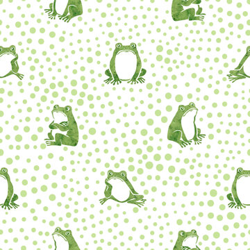 Cute frogs seamless pattern. Vector print with funny green toads