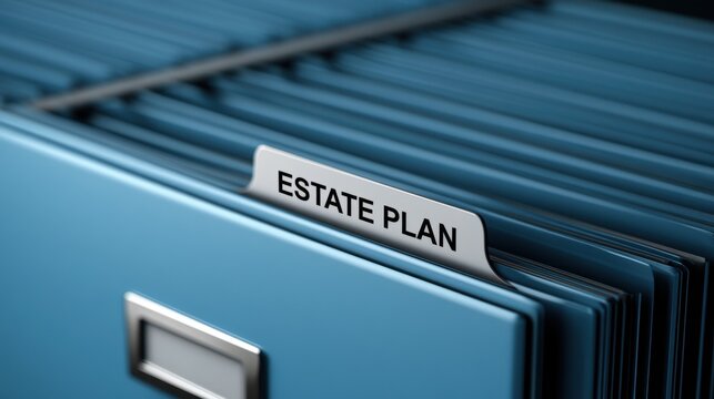 Close-up of a blue file folder tab with Estate Plan text in office filing system