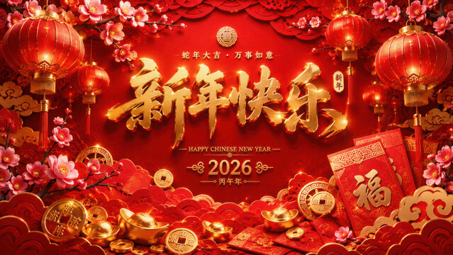 Festive design for Chinese New Year 2026, featuring golden lanterns, horses on clouds, coins, and red envelopes, symbolizing prosperity and good fortune