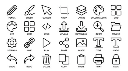 Fototapeta premium Graphic design and user interface vector icon set featuring essential tools for digital editing image manipulation content creation and file management operations.