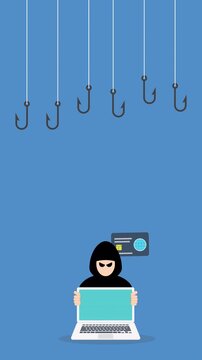 Hacker with laptop computer stealing confidential data, personal information and credit card detail. Hacking concept.