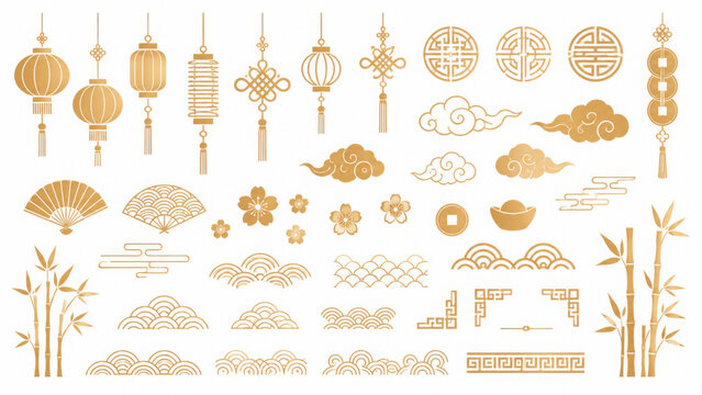 Hand drawn vector illustration of minimal Chinese new year Japanese elements concept. For banner, poster, card in oriental style
