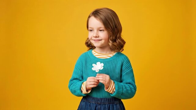 Young girl holding white paper flower front view. Child with curly hair and thoughtful expression. Symbol for international missing children day awareness and child safety protection concept