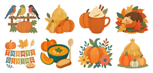 Obraz premium PNG Thanksgiving icons with pumpkins and autumn elements, transparent background