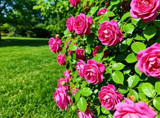 Obraz premium Pink roses bloom vibrantly on a green bush in a sunlit garden. Lush grass and trees form a blurred background, ideal for nature or floral themes. Beautiful summer nature scene.