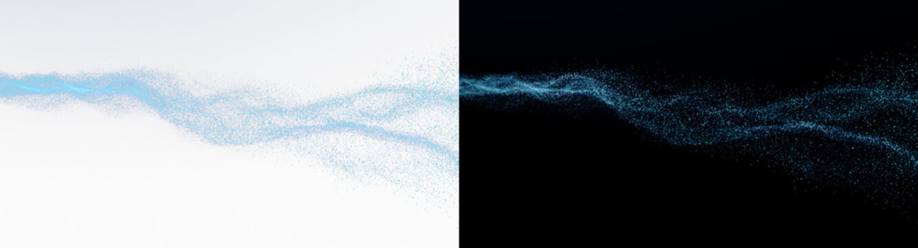Abstract blue particle wave overlay, twin glowing digital stardust stream on black and white background wide banner. abstract minimalist dynamic cosmic nebula dust design element