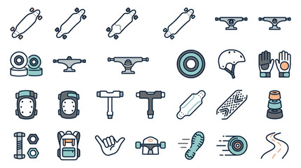 Longboard and Skateboarding Equipment Icon Set © Bams