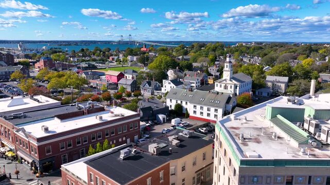 Historic commercial buildings aerial view on Washington Square in historic downtown Newport, Rhode Island RI, USA. 