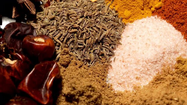 Top view of colorful ground spices and whole herbs spinning