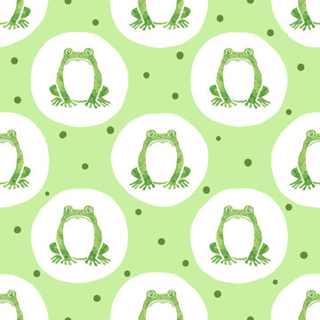 Cute green frog pattern. Seamless polka dot background with toads