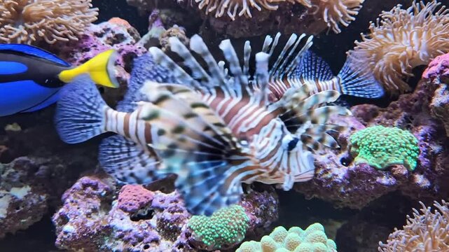 Colorful marine aquarium featuring blue tang and lionfish swimming amongst vibrant coral reef and anemones