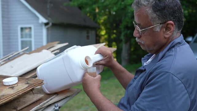 Slow motion clip of South Asian man pouring insecticide in container