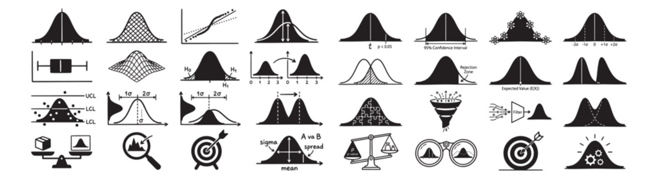 Statistics Icons Set Showing Normal Distribution, Bell Curve Charts, Quality Control and Data Analysis Diagrams
