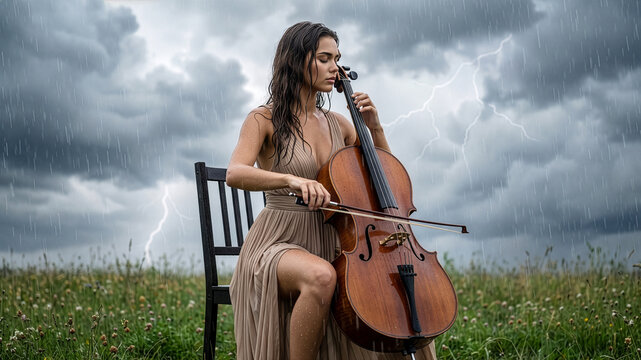 beautiful woman playing the cello on a rainy day