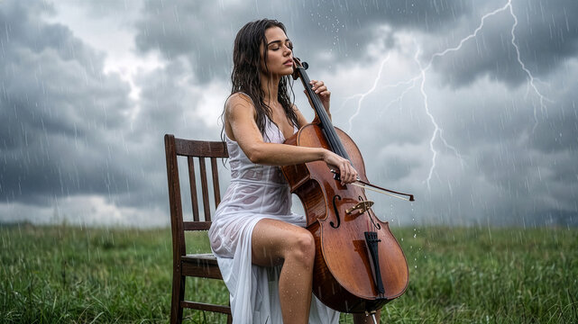 beautiful woman playing the cello on a rainy day