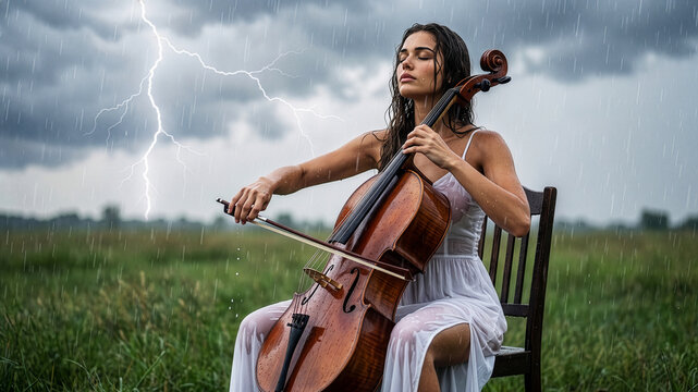beautiful woman playing the cello on a rainy day