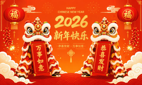 A pair of Chinese lions with red couplets. With different colors and background. Caption: (Left) Gong Xi Fa Cai, (Right) happy Chinese New Year.