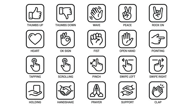 Set of gesture icons linear design for user interface design elements featuring hand poses and touch interactions collection for digital applications and web design.