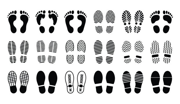 Human Footprints Vector, shoe sole prints, kids feet walking trail and footwear tread icons in clean isolated illustration
