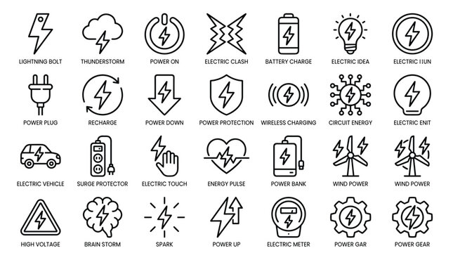 Set of lightning bolt thunderstorm power on electric clash battery charge idea electric plug recharge down protection wireless charging circuit energy electric vehicle.