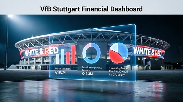 Digital financial dashboard displaying VfB Stuttgart club revenue and market valuation statistics at night stadium