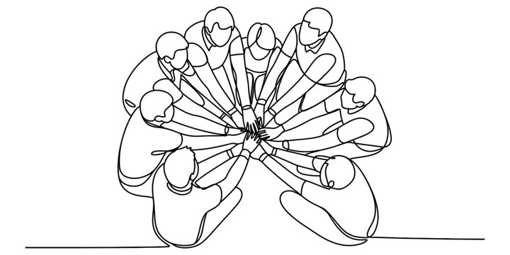 Group of people joining hands together in a circle as a symbol of unity and teamwork drawn in a simple continuous line art style for business concept