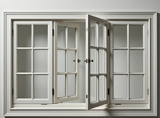 Obraz premium Open white window frame with grid panes. One sash opens to reveal clean interior space. Light streams through clear glass. Minimalist design for modern home.